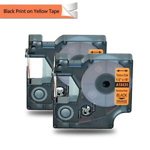 2PK 18435 Permanent Vinly Label Tape for Dymo Rhino 5000 Black on Orange 12mm