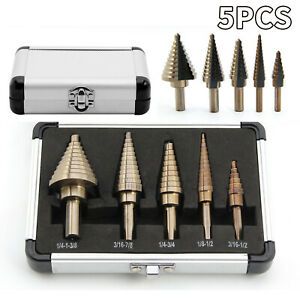 5 Pieces HSS Step Large Titanium Cone Drill Hole Cutter Bit Set Tool + Case  HB