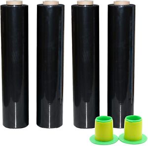 4 Pack Industrial Black Stretch Wrap Film with Plastic Handle 18&#034; 1200ft 72Gauge