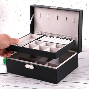 Jewelry Box Organizer Display Dual Layer Case Leather Box for Earrings Black