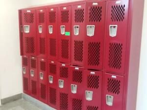 School Gym Lockers, Vented 12x12x72 Banks of Red or Blue