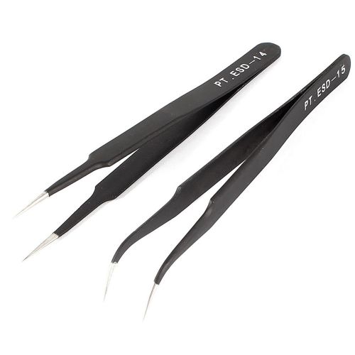 13cm Length Black Anti-static Straight Curved Tweezers 2 Pcs