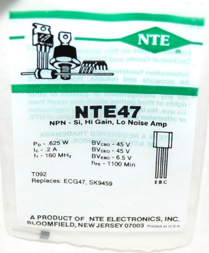 NTE NTE47 NPN-SI HI GAIN LO NOISE AMP T09 EQUIVALENT to ECG47 SK9459