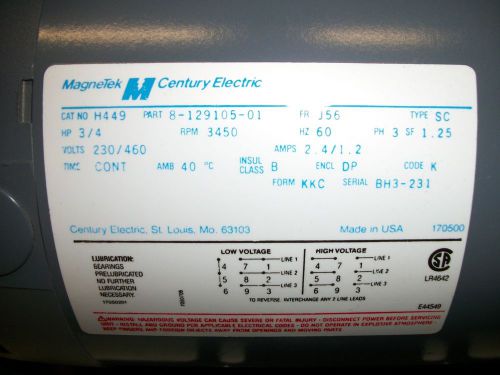 Century .75 HP H449 J56 Frame 3 Phase Motor (MOT3362)