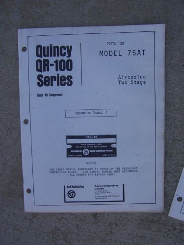1975 quincy qr-100 series model 75at two stage air compressor parts list r for sale