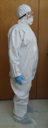 Hazmat suit hooded coveralls, travel pack w/  goggles, gloves. full coverage set for sale