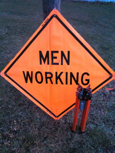 (2) BONE SAFETY Sign Stand Springless SZ-412 and (2) Roll up MEN WORKING signs