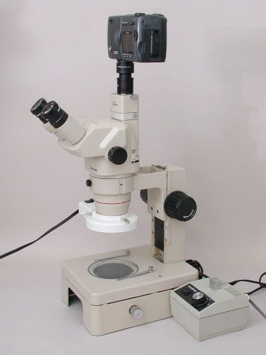 Olympus sz-40 polarizing zoom microscope, transmitted light stand &amp; nikon camera for sale