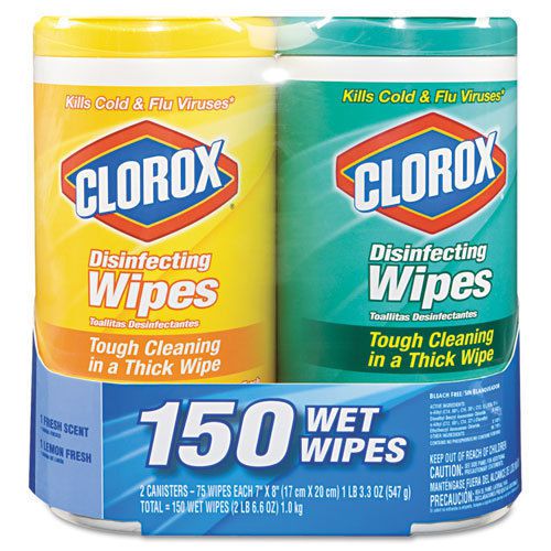 Clorox Disinfecting Wet Wipes, 75 Wipes/Tub, 2 Tubs/PK, White (COX01599)