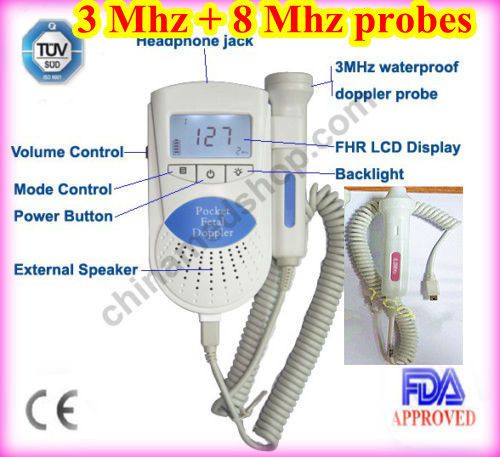 CE FDA Fetal Doppler with 3 Mhz probe and 8 Mhz vascular probe RFD 2 probes