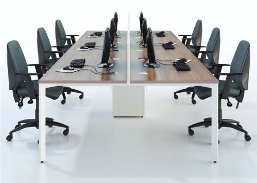 NEW - CALL CENTRE BENCH DESKS IN WALNUT WITH WHITE FRAMES  -  44 AVAILABLE