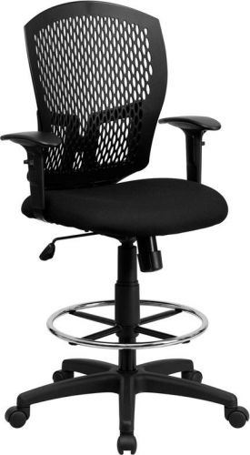 Mid-back designer back drafting stool with padded fabric seat and arms for sale