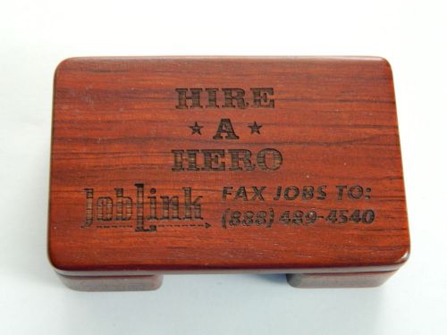 VERY NICE CHERRY STAINED WOODEN -HIRE A HERO- JOB LINK BUSINESS CARD HOLDER BOX