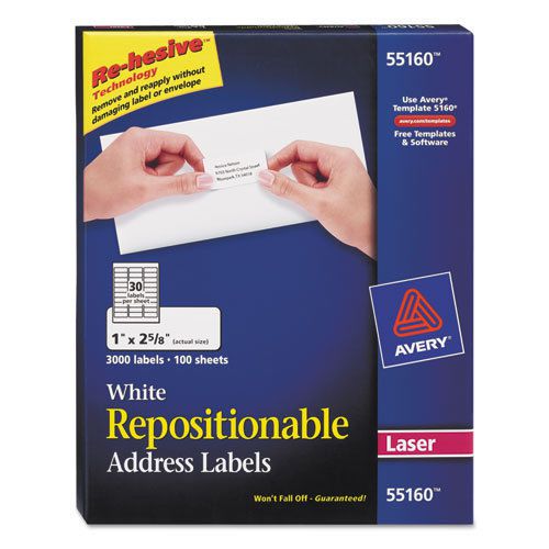Repositionable Address Labels for Laser Printers, 1 x 2 5/8, White, 3000/Box