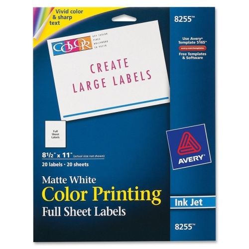 Avery Color Printing Label -8.5&#034;Wx11&#034;L - 20/Pk - Rectangle - Inkjet -White