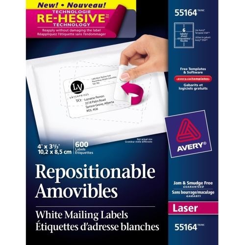 Avery Repositionable Mailing Label -3.33&#034;Wx4&#034;L - 600/Box -Laser -White