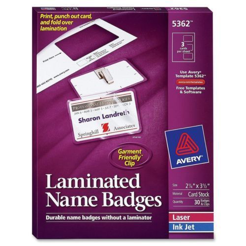 Avery 5362 laminated name badges w/clips, laser/inkjet, 2&#034;x3-1/4&#034;, 30/bx, white for sale
