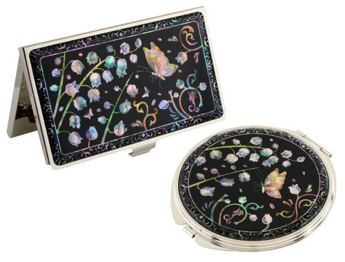 Nacre flower Business  card holder case Makeup compact mirror gift set #08