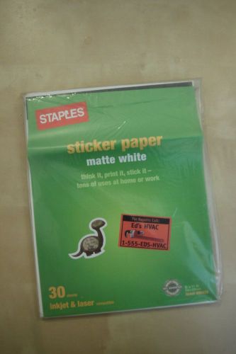24 sheets Staples Sticky sticker paper inkjet laser Matte white 8.5 x 11 in