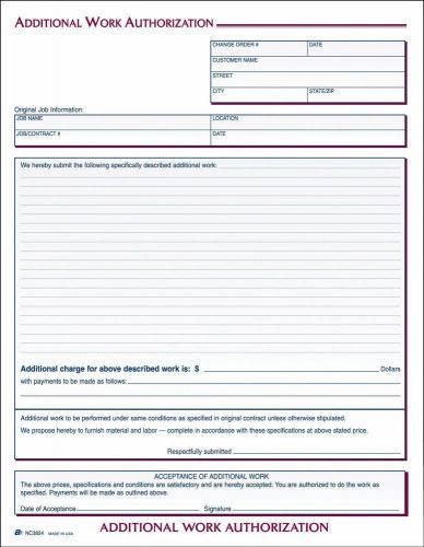 Additional work authorization forms 8.5 x 11.44 part carbonless nc3824 for sale