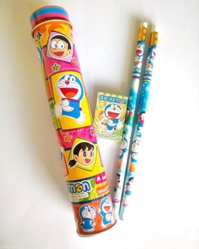 Doraemon Cartoon Tin Pencil Box School pencil box Student FREE ERASER&amp;2 PENCILS