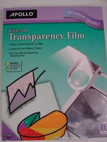 NIB Apollo Premium Write-On Transparency Film VW0100C-B Clear 100 Sheets 8.5x11