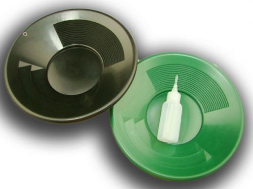 Lot of 2- 10&#034; Black &amp; Green Gold Pans w/ Bottle Snuffer-Panning Kit-Mining