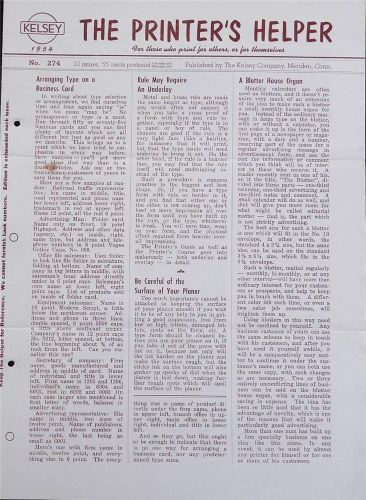 VINTAGE ORIGINAL1954 THE PRINTER&#039;S HELPER ISSUE 274 KELSEY CO PRINTING PRESS (f