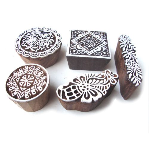 Indian assorted flower hand carved block printng wooden tags (set of 5) for sale
