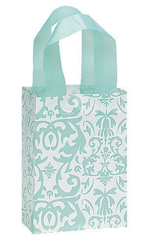 5&#034; x 3&#034; x 7&#034; New Small Aqua Blue Damask Frosted Plastic Shopping Bag 100 Bages