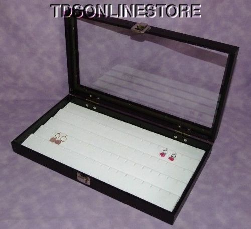 White 90 Earring Glass Top Jewelry Display Case Hinged Lid