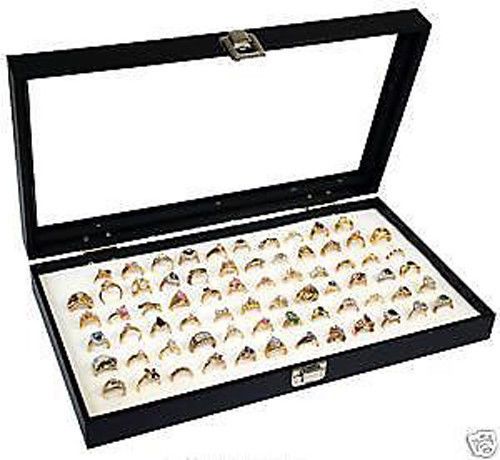 Ring display case glass top holds 72 rings white foam insert organizer travel for sale