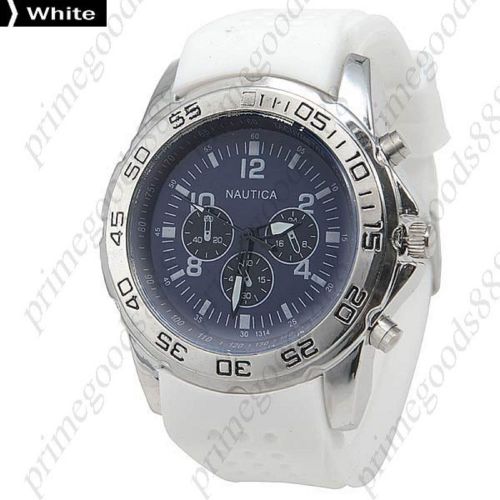 Rubber Round Quartz Analog 3 False Sub Dials Wrist Men&#039;s Wristwatch White