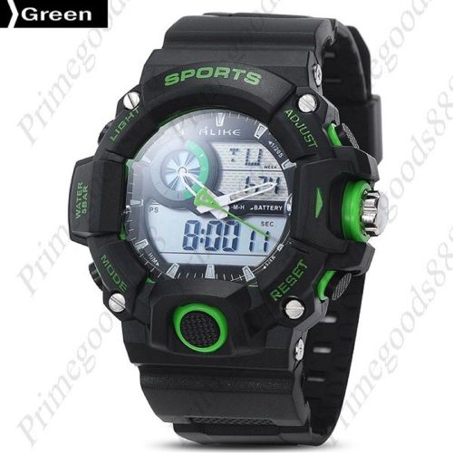 Black Digital Analog Silicone Waterproof Sports Wrist Wristwatch Men&#039;s Green
