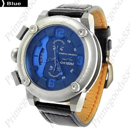 High End Silver Case Leather Quartz Sub Dials Date Men&#039;s Wrist Wristwatch Blue