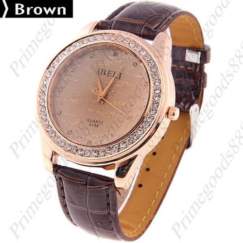 Gold Dust Face Rhinestones PU Leather Quartz Wrist Wristwatch Women&#039;s Brown