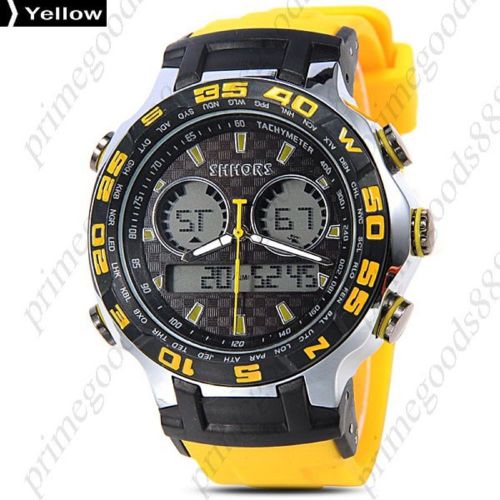 LCD Analog Digital LED Silicone Date Alarm Wrist Quartz Wristwatch Yellow