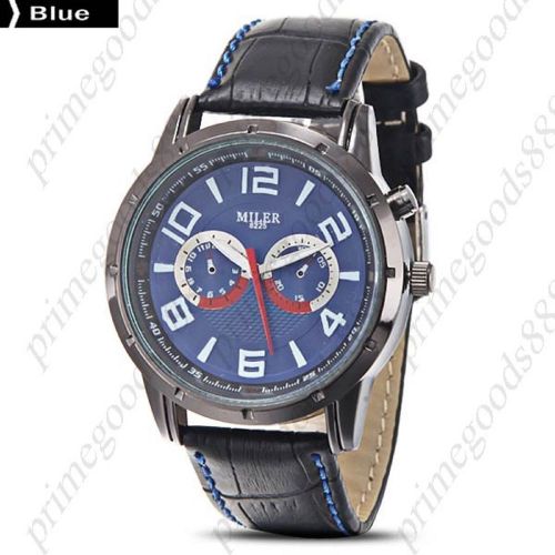 Genuine leather band false sub dials quartz analog men&#039;s wristwatch black blue for sale