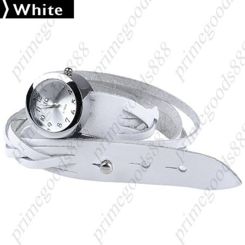 PU Leather Analog Bracelet Bangle Quartz Wrist Round Wristwatch Women&#039;s White