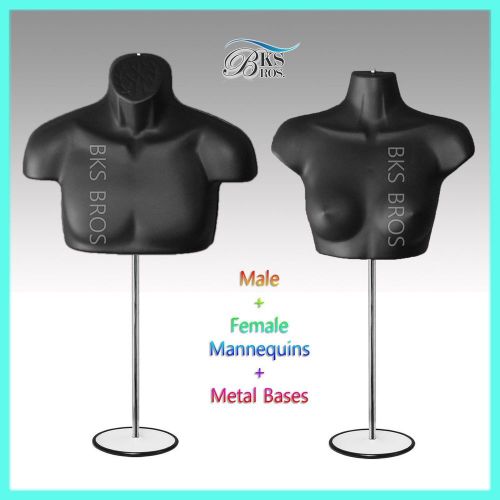 2 Mannequins Man + Women Torso (Chest Long) S-M Black with Metal Stand Display
