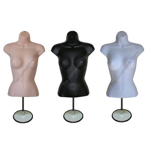 3 Pcs. Female Mannequin Forms (Waist Long) With Base S-M Sizes Black White Flesh