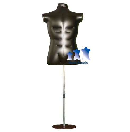 Inflatable Male Torso Large, Black and Aluminum Adjustable Stand, Brown Base