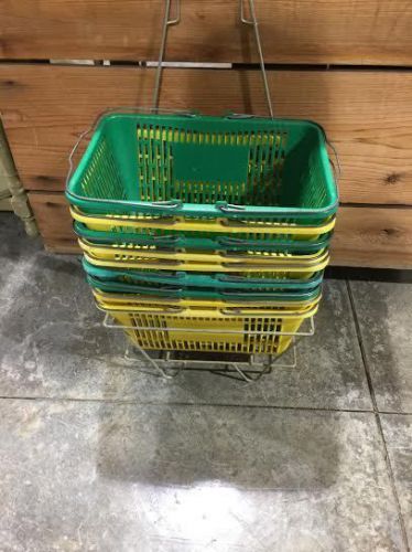 Lot of 9 Green Yellow Jumbo Shopping Baskets Chrome Handles w Stand Rack EUC