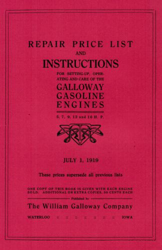 Galloway Gas Engine Motor Manual Book Hit Miss Waterloo IA Parts List Stationary