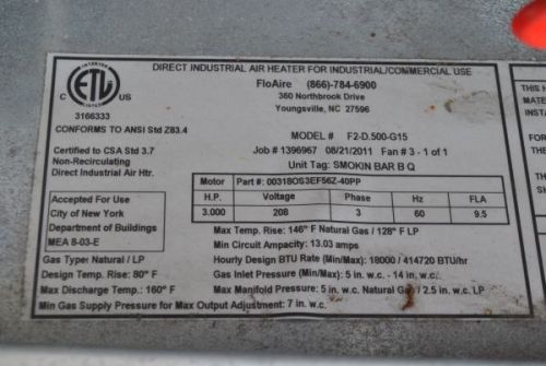 FloAire Direct Industrial Make Up Air Heater Unit Model No: F2-D.500-G15