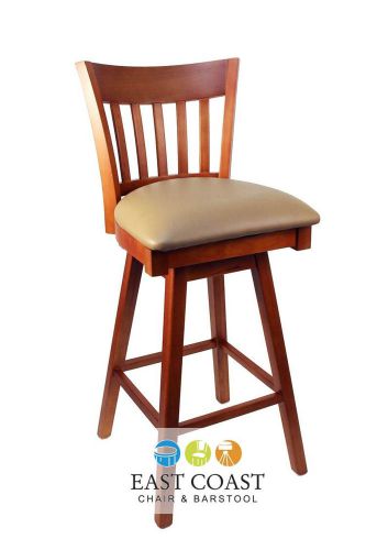 New gladiator cherry vertical back wooden swivel bar stool with tan vinyl seat for sale