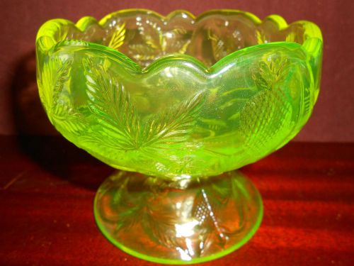 Vaseline uranium glass childs bowl / serving fruit candy strawberry yellow punch