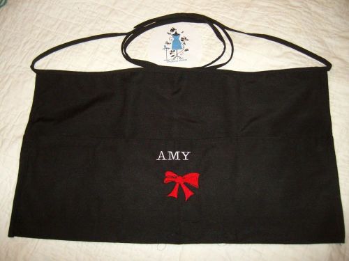 Black  Server Waitress Bar Waist Half  Apron Personalized  Name &amp; Red Ribbon