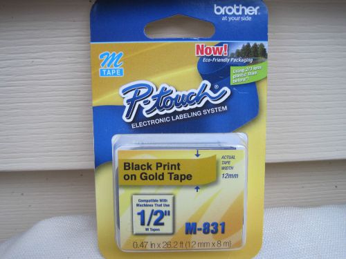 Brother P-Touch Black Print on Gold Tape M-831  NEW FREE SHIP  1/2 inch width