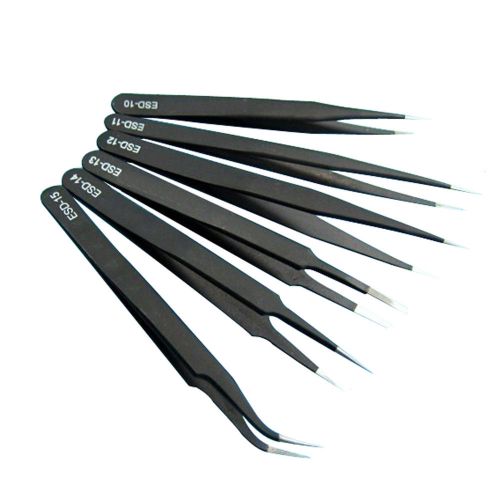 6pcs esd anti-static stainless steel tweezer set tweezers maintenance tools kits for sale